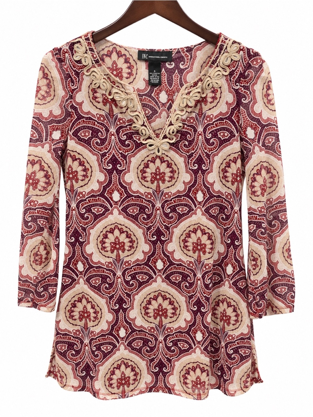 INC International Concepts Burgundy and Cream Paisley V-Neck Tunic